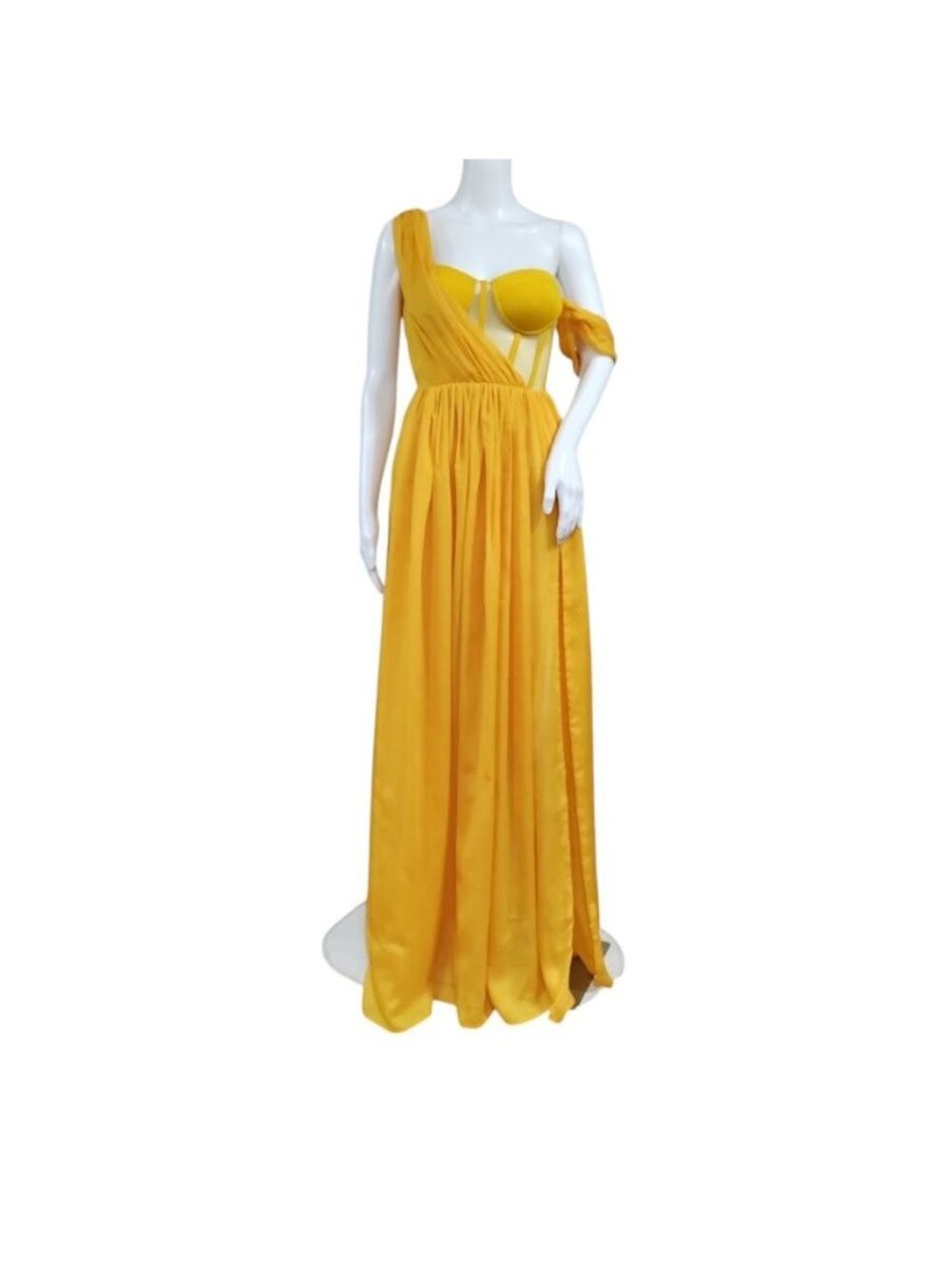 Miss Circle XXS Silk Pleated Corset Slit Maxi Dress Yellow Back In Style - Picture 3 of 15